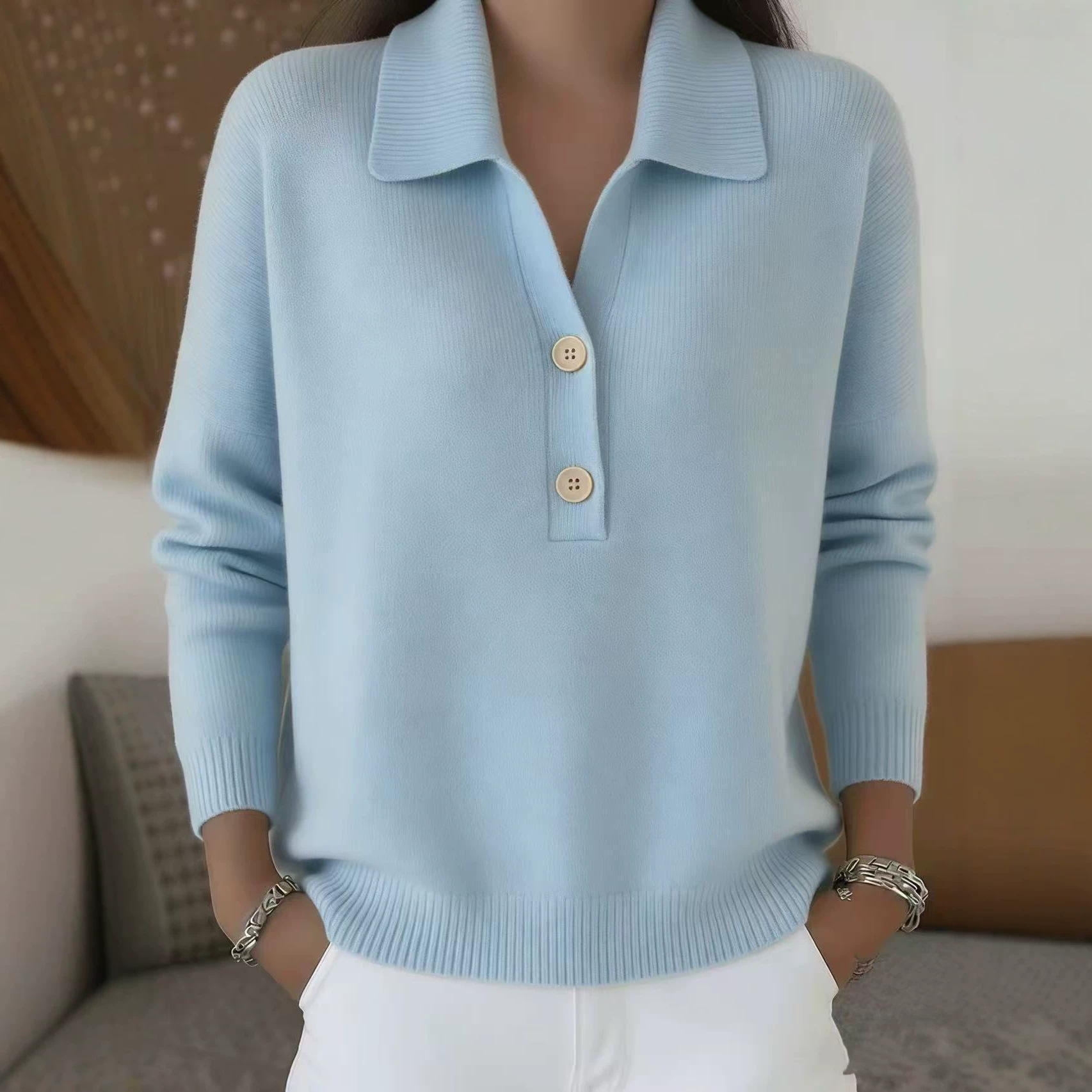 Women's Wool-Blend Button-Front Collared Knit Sweater