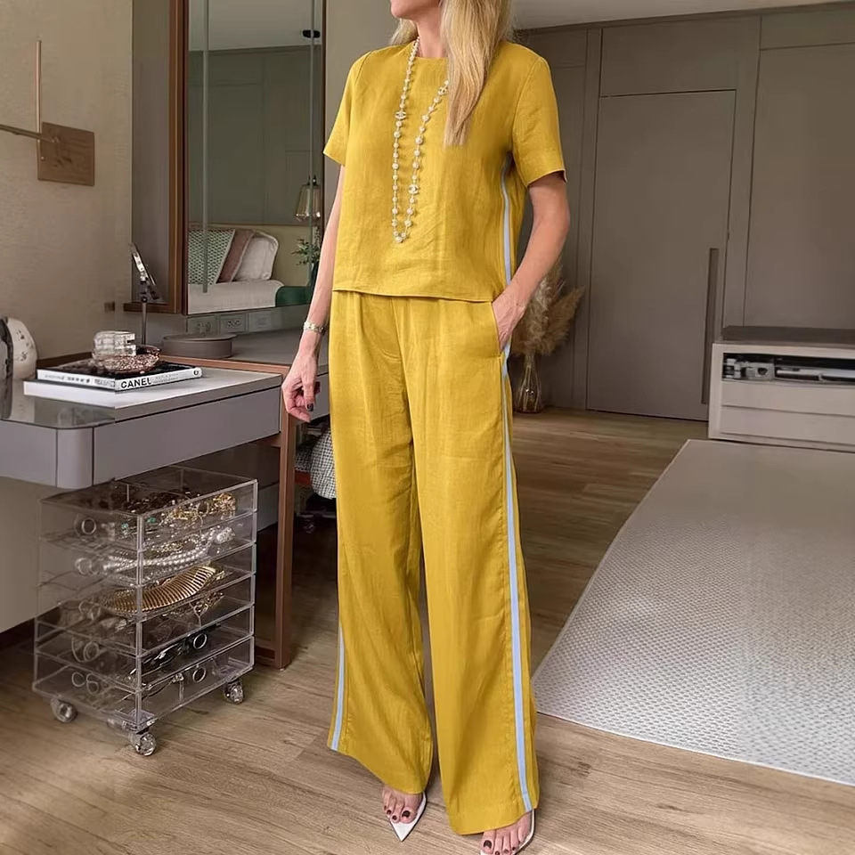Women's Cotton-Blend Two-Piece Set with Crew Neck Top and Pants