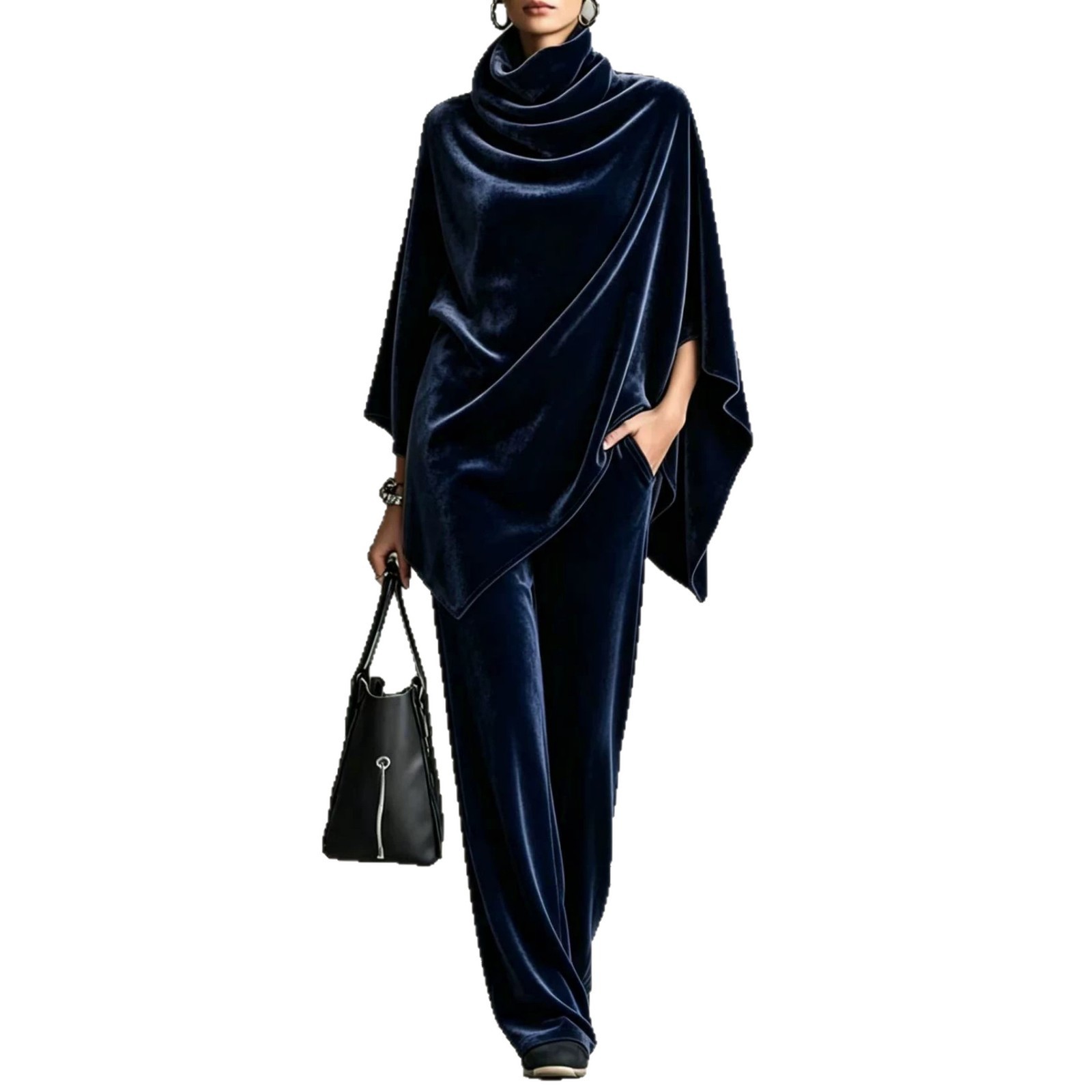 Women's Korean Velvet Cowl Neck Cape Top & Wide-Leg Pants Two-Piece Set