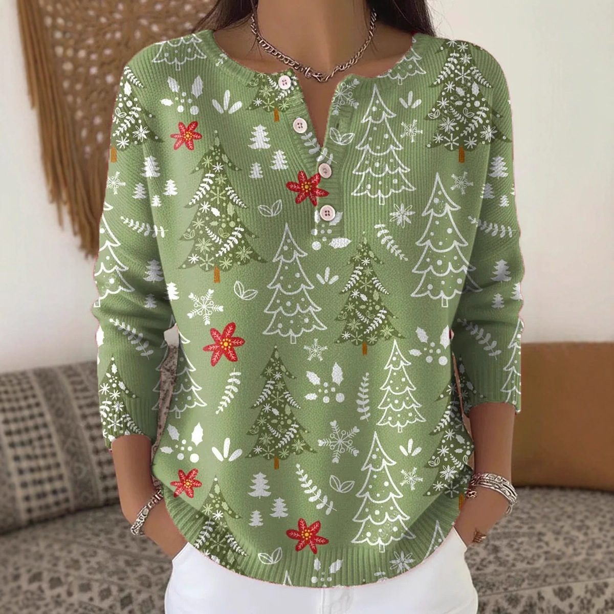 Women's Tree Flower Branch Petal Print Button Sweatshirt