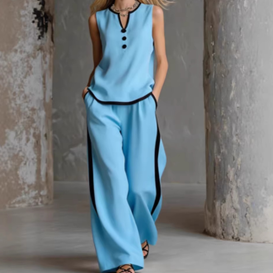 Sleeveless V-Neck Colorblock T-Shirt and Pants Set