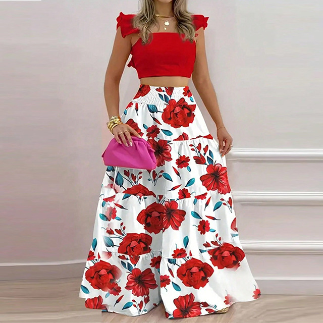 Women's Short Sleeve Top and Solid Midi Skirt Two-Piece Set