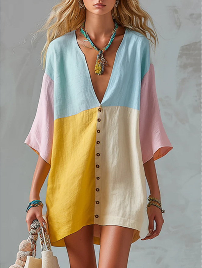 Color-Block V-Neck Loose Casual Dress