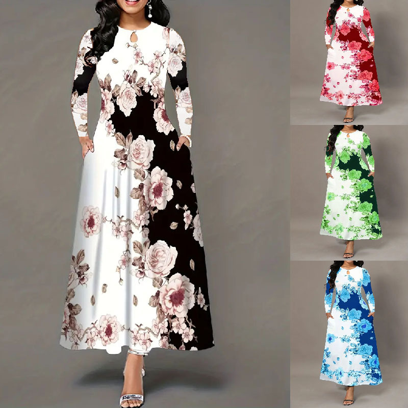 Women's Round Neck Long Sleeve Floral Print Pocket Waist-Fitted Maxi Dress