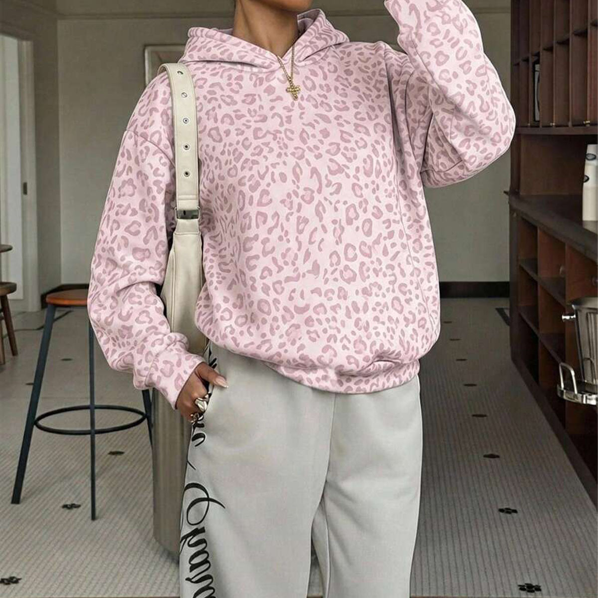 Women's Leopard Print Hooded Sweatshirt Casual Long Sleeve Pullover