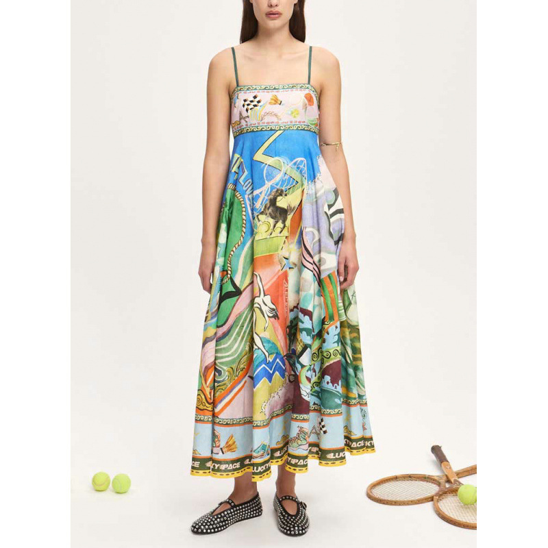 Women's Sleeveless Printed Linen Maxi Dress with Flowy Skirt