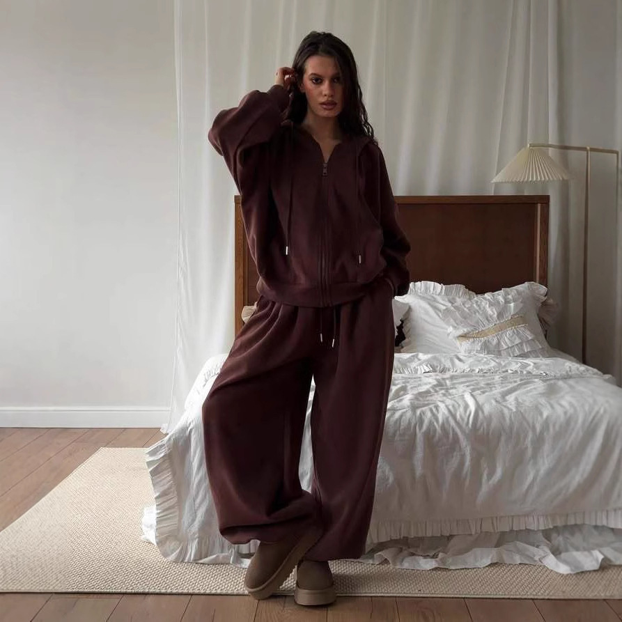 Women's Casual Long Sleeve Hooded Zip-Up Tracksuit Set with Pants