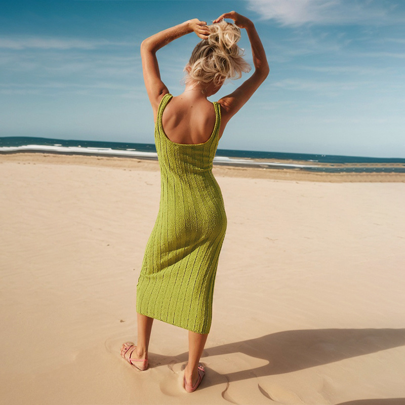 Women's Sleeveless Knit Maxi Dress Solid Color High Waist A-Line