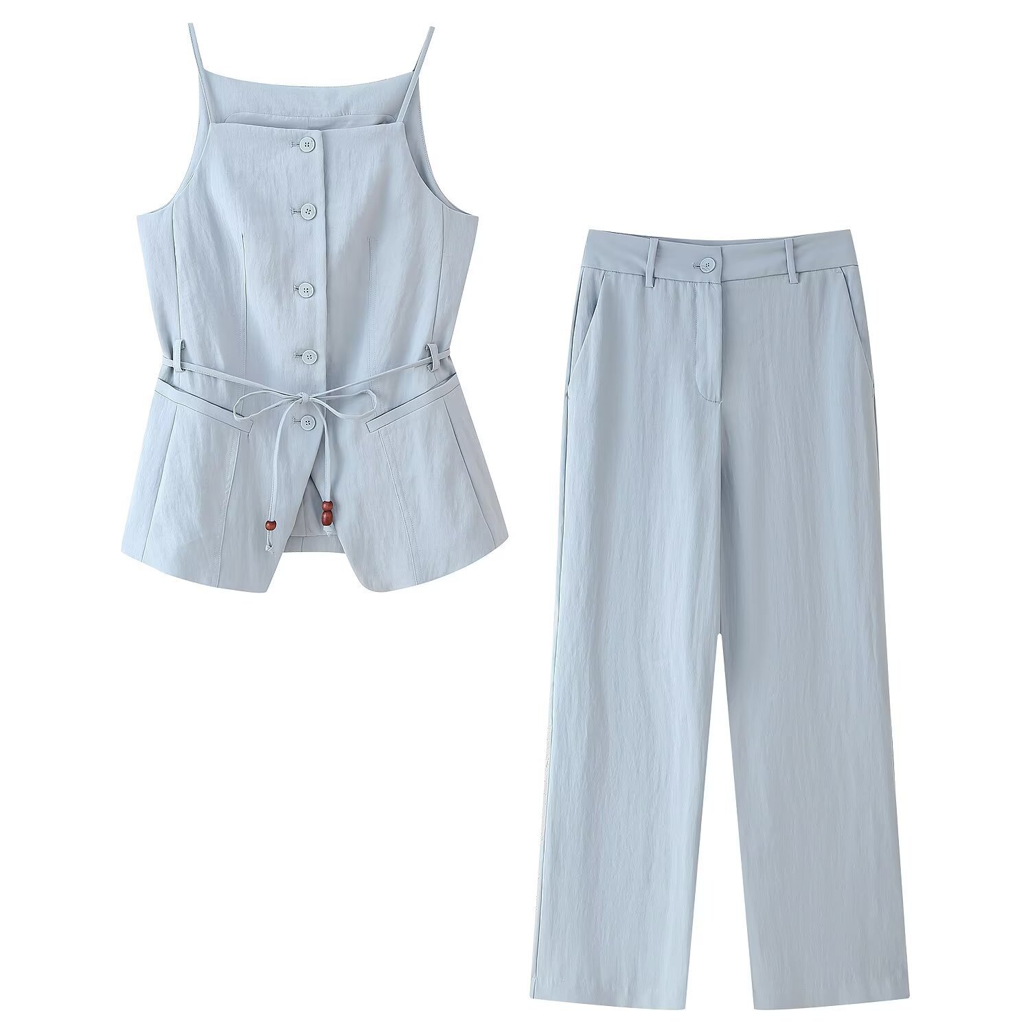 Beaded Tie Cami Top and Wide-Leg Pants Set