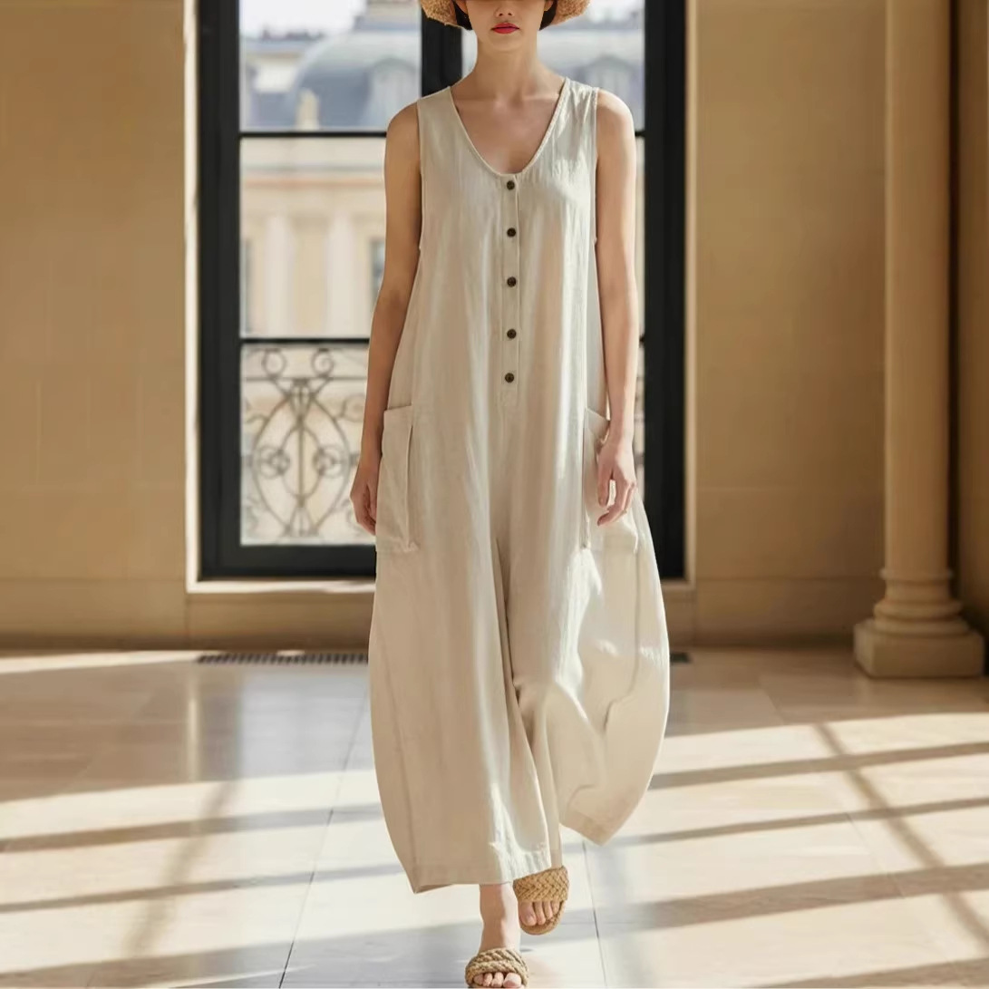 Women's Linen-Blend Button-Front Collared Sleeveless Wide-Leg Jumpsuit