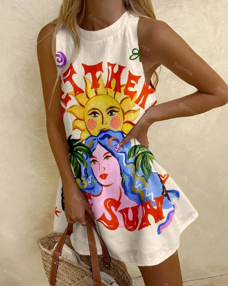 Sleeveless Ocean Print A-Line Short Dress