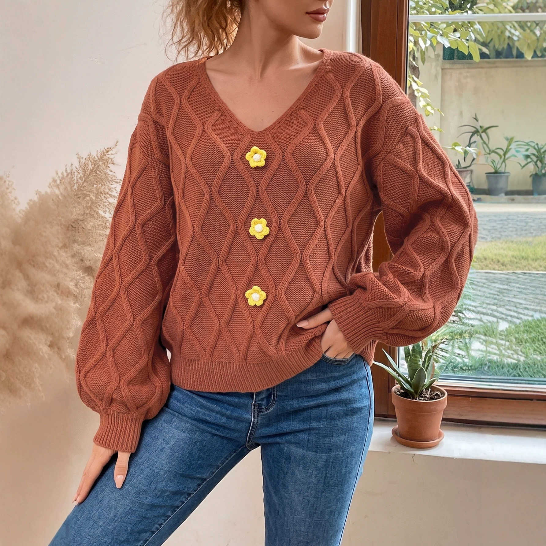 Women's Retro V-Neck Diamond Knit Sweater with Lantern Sleeves
