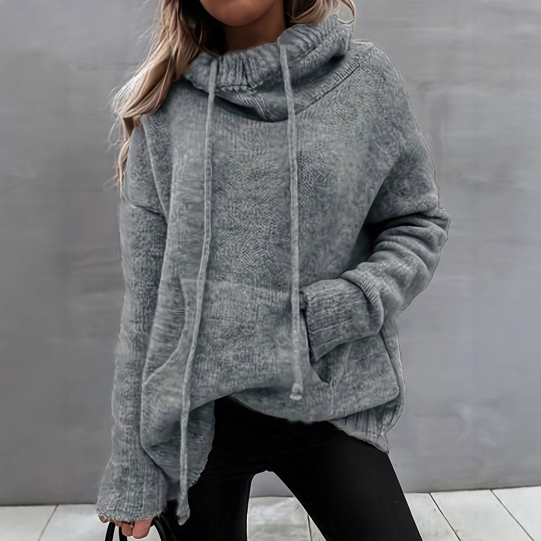 Women's Solid Color Drawstring Pocket Loose Irregular Neck Knit Sweater
