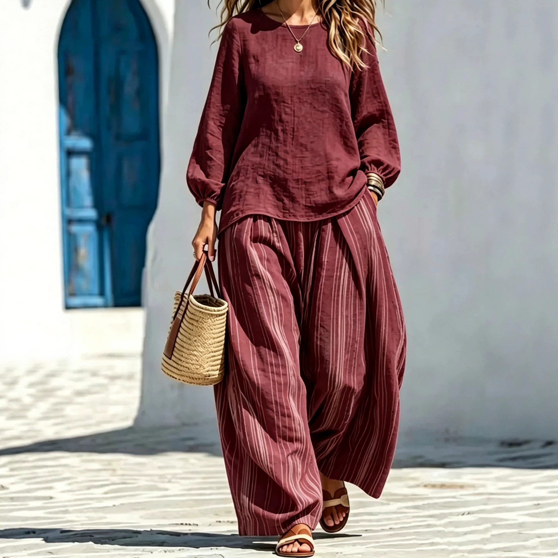 Women's Lantern Sleeve Top and Striped Wide-Leg Pants Set