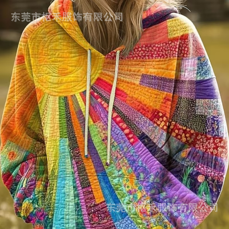 Women's Colorful Oil Painting Sun Print Casual Hoodie