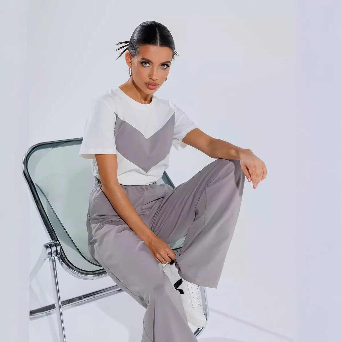 Women's Solid Color Short Sleeve T-Shirt and Wide-Leg Pants Two-Piece Set