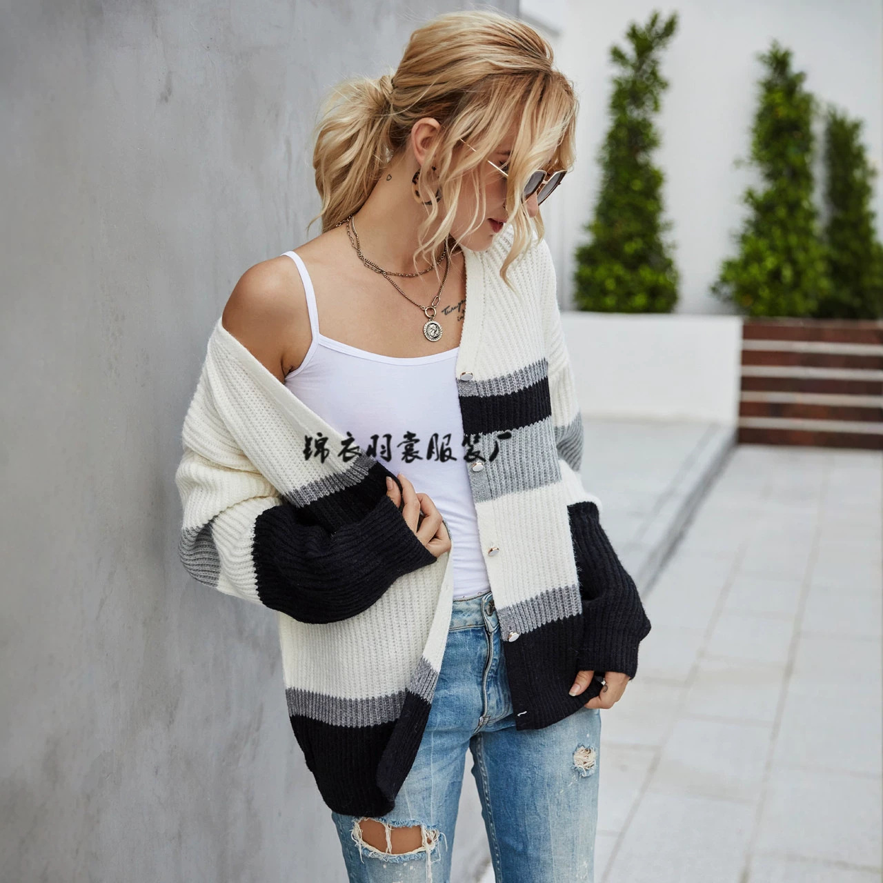 Women's Plus Size Striped Cardigan Sweater Knit Jacket