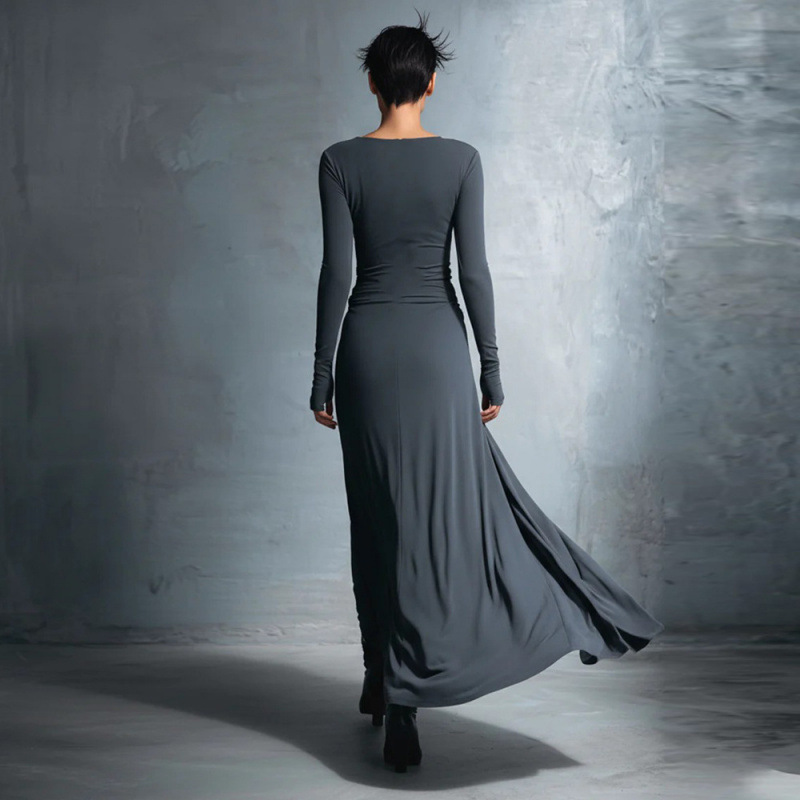 Women's Solid Wrap Long Dress with Knot Detail Long Sleeve