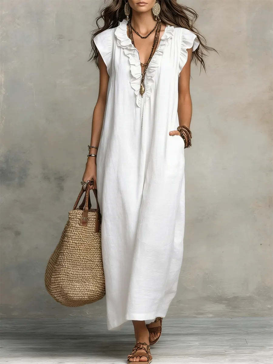 Women's Solid Ruffle Deep V-Neck Sleeveless Loose Casual Dress