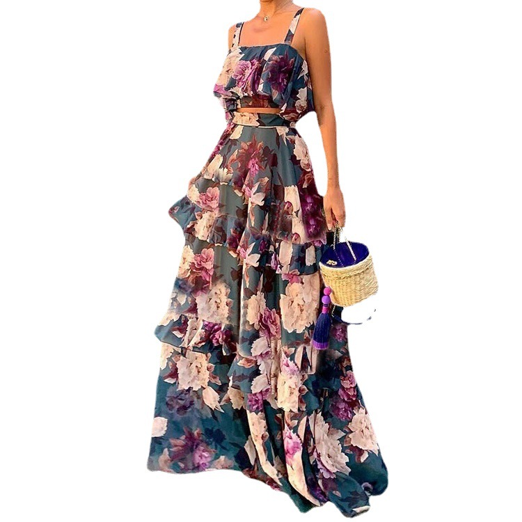 Elegant Slimming Sleeveless Cami Top and Ruffle Hem Long Skirt Set