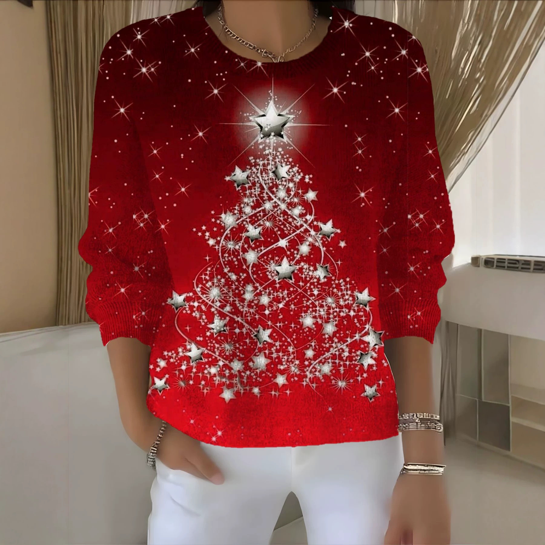 Christmas Star Tree Print Crewneck Long Sleeve Pullover Sweatshirt