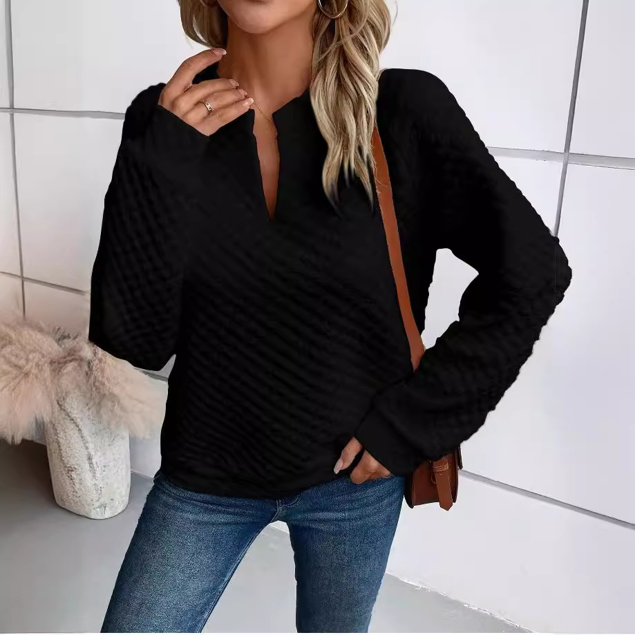 Women's Solid Color V-Neck Patchwork Long Sleeve Casual Sweatshirt
