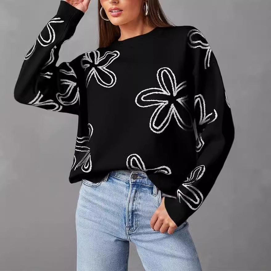 Women's Floral Print Chunky Knit Crewneck Long Sleeve Pullover Sweater
