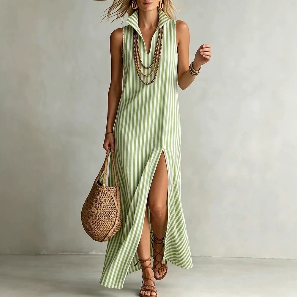 Striped Stand Collar Sleeveless Slit Midi Dress