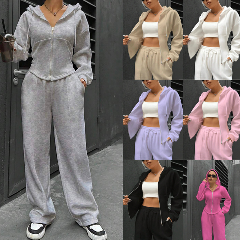 Women's Hooded Zip-Up Sweatshirt and Wide-Leg Pants Two-Piece Set
