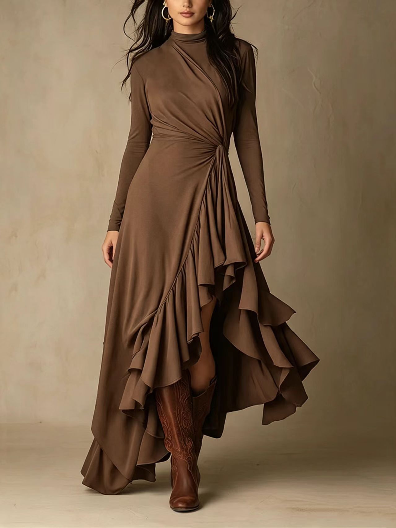 Elegant Solid Long Sleeve Asymmetrical Ruffle Midi Dress