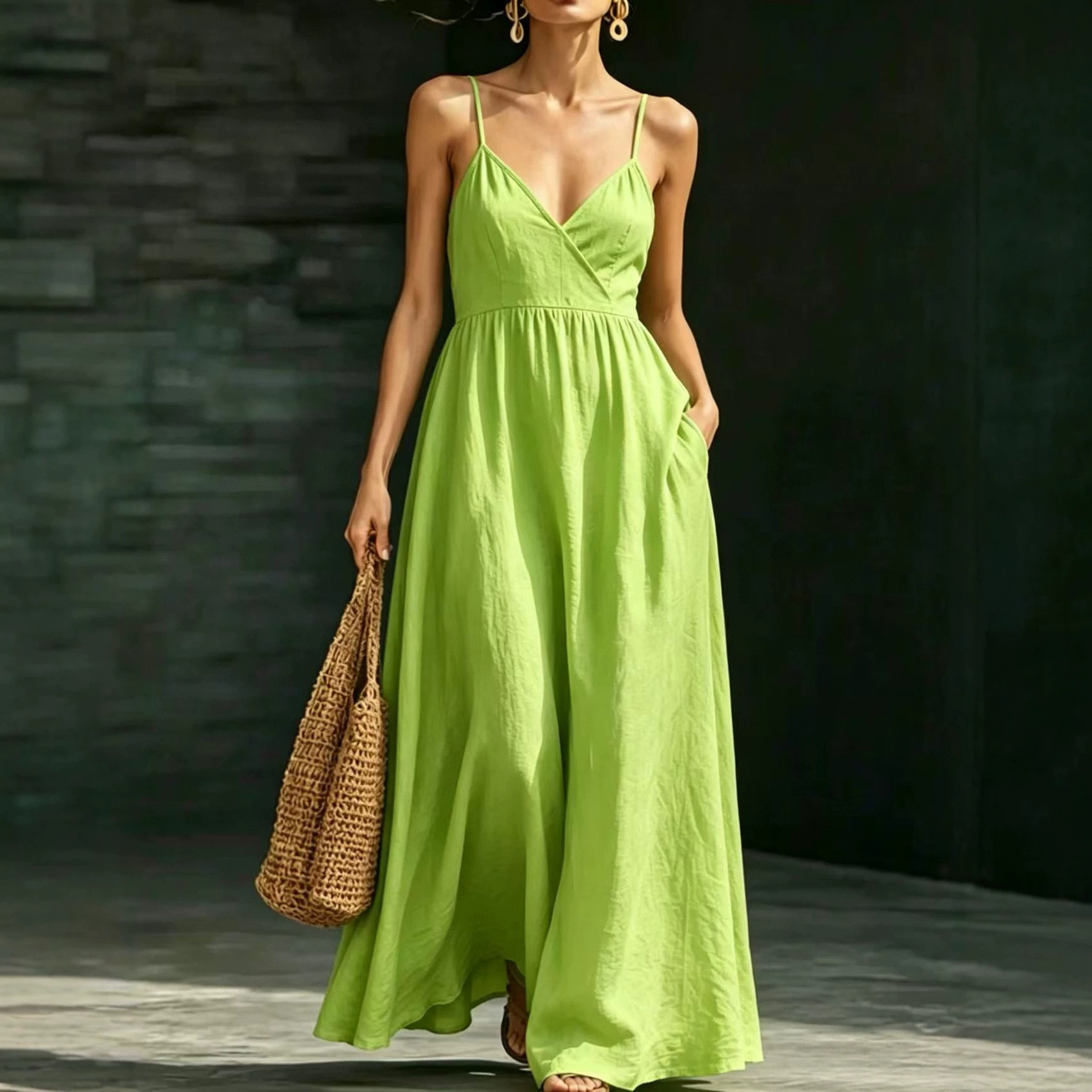 V-Neck Sleeveless Midi Dress with Pockets Elegant Casual