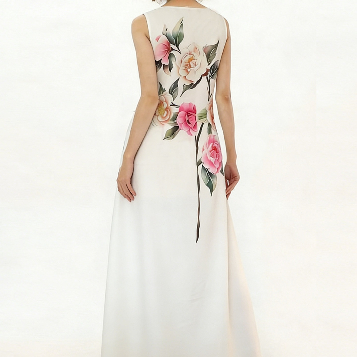 Elegant Floral Print Sleeveless A-Line Dress with Pockets