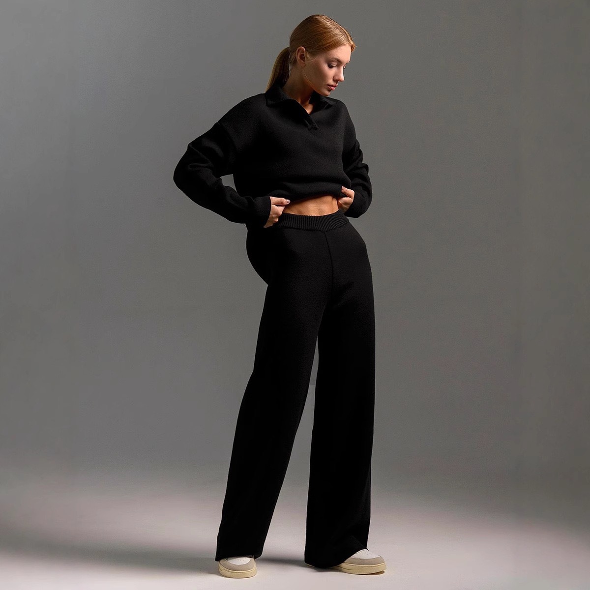 Polo Neck Pullover & Wide Leg Pants Two-Piece Set