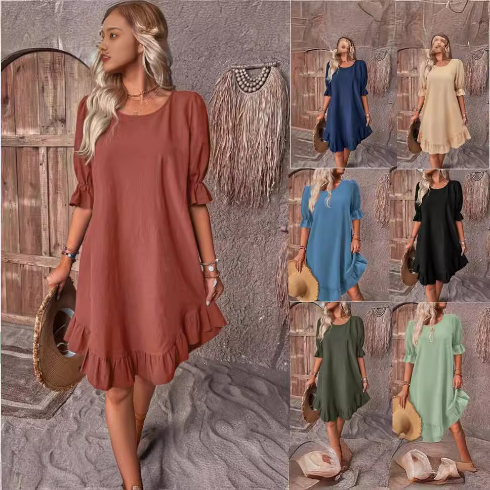 Women's Vintage Cotton-Linen Midi Dress with Short Sleeves, Round Neck, Solid Color, Loose Fit, Flared Hem