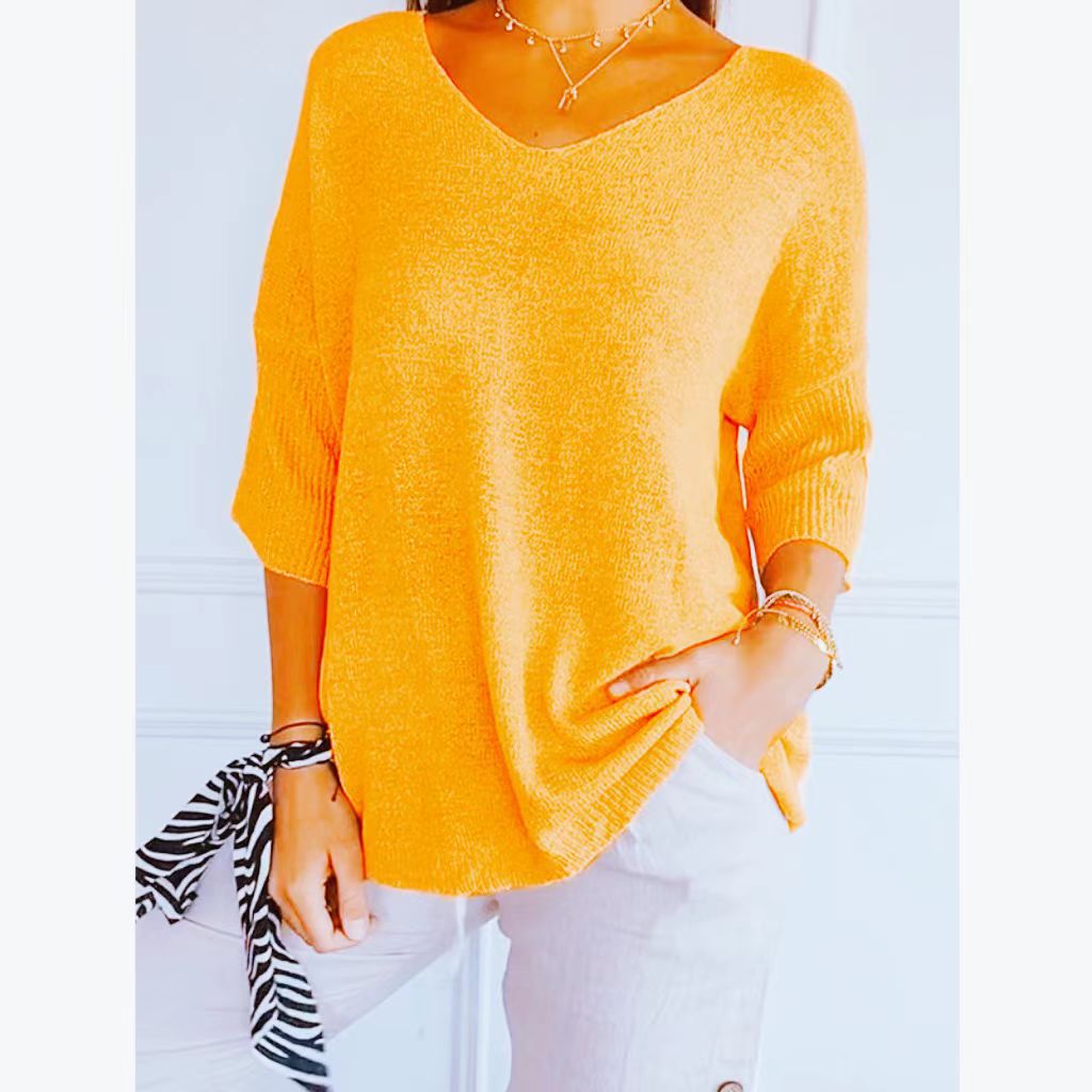 Women's V-Neck Knit Sweater Slimming Solid Color Pullover