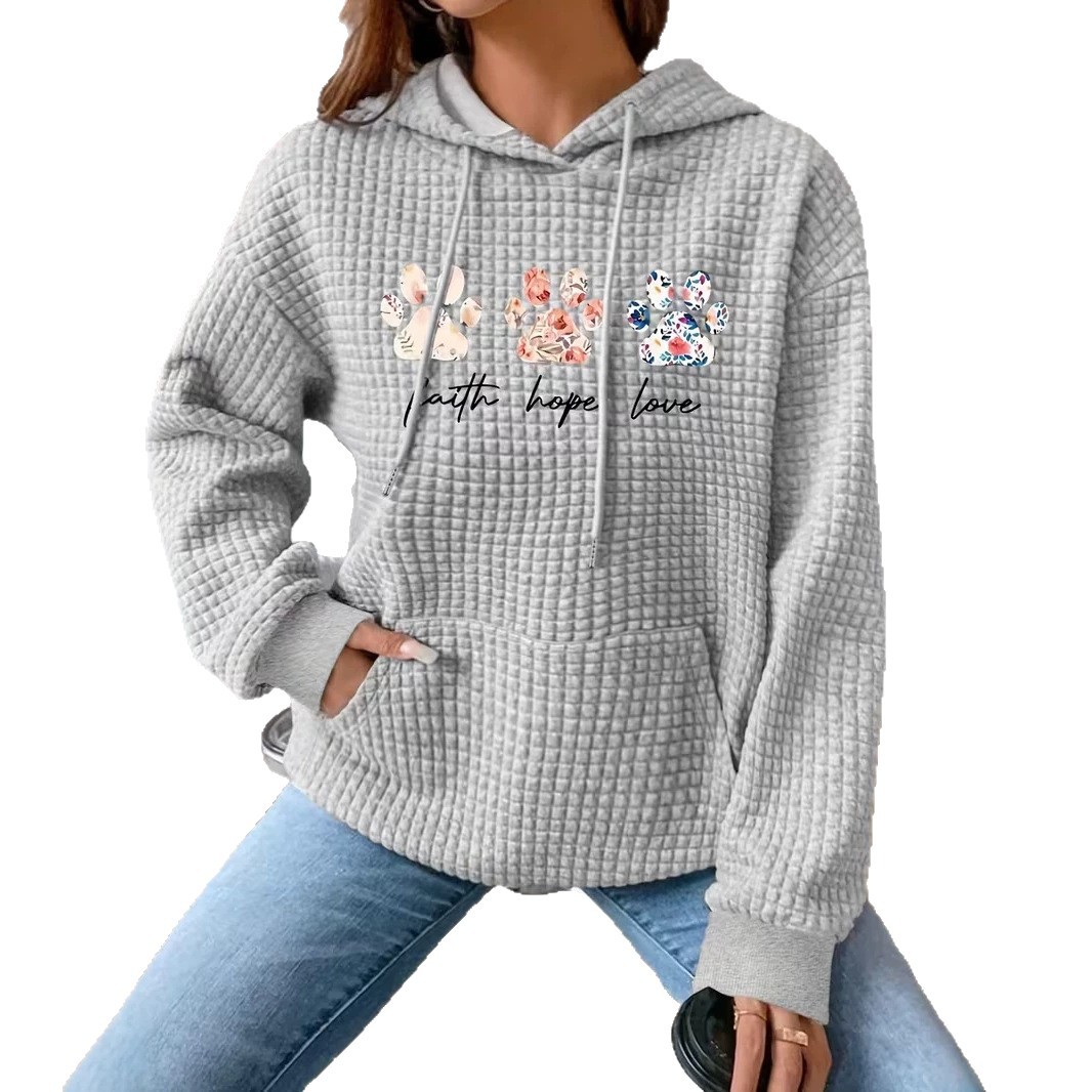 Women's Animal Paw Print Waffle Knit Hoodie Casual Pullover