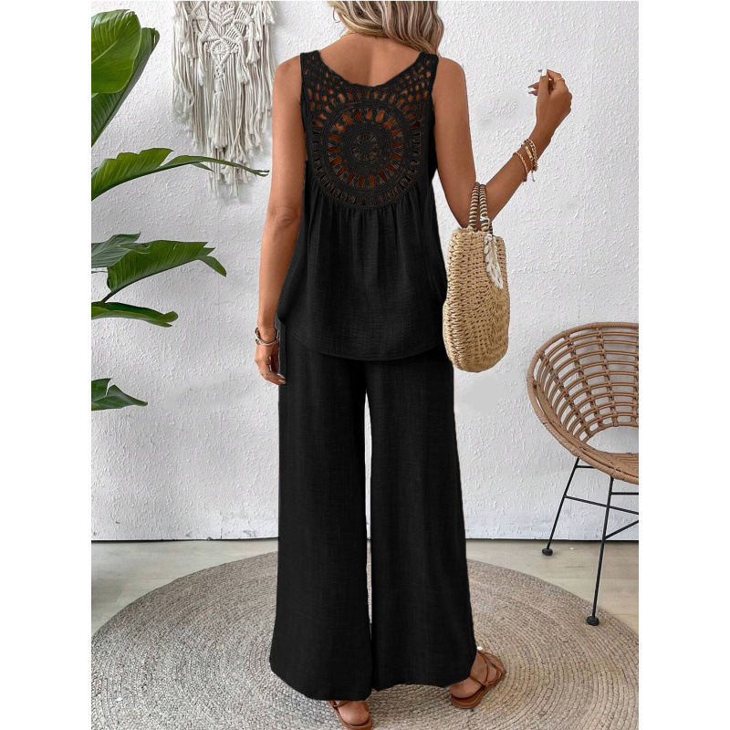Women's Solid Color Back Cutout Embroidered Sleeveless Top and Pants Set