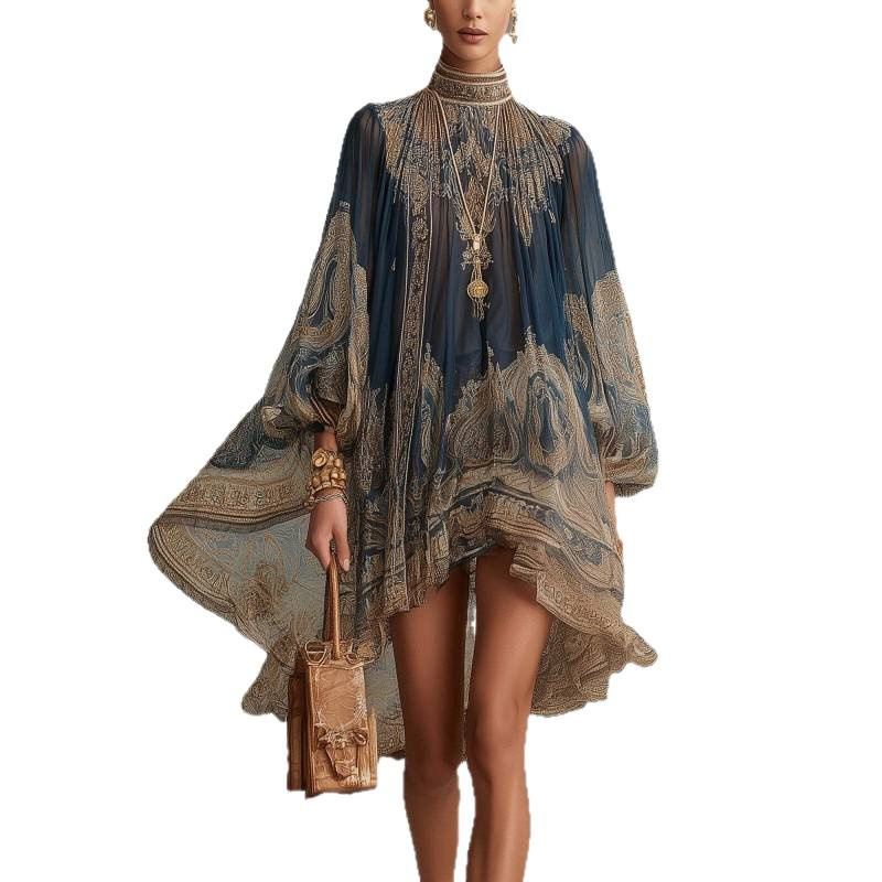 High Neck Printed Loose Midi Dress with Long Sleeves