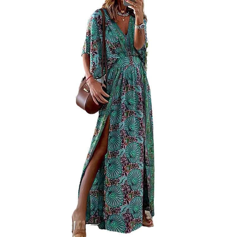 Bohemian Floral Print V-Neck Short Sleeve Side Slit Maxi Dress