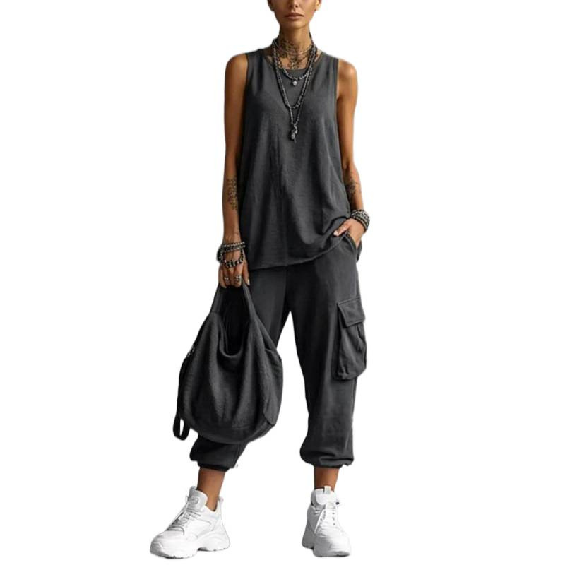 Heavyweight Solid Color Sleeveless Tank Top and Wide-Leg Cargo Pants Two-Piece Set