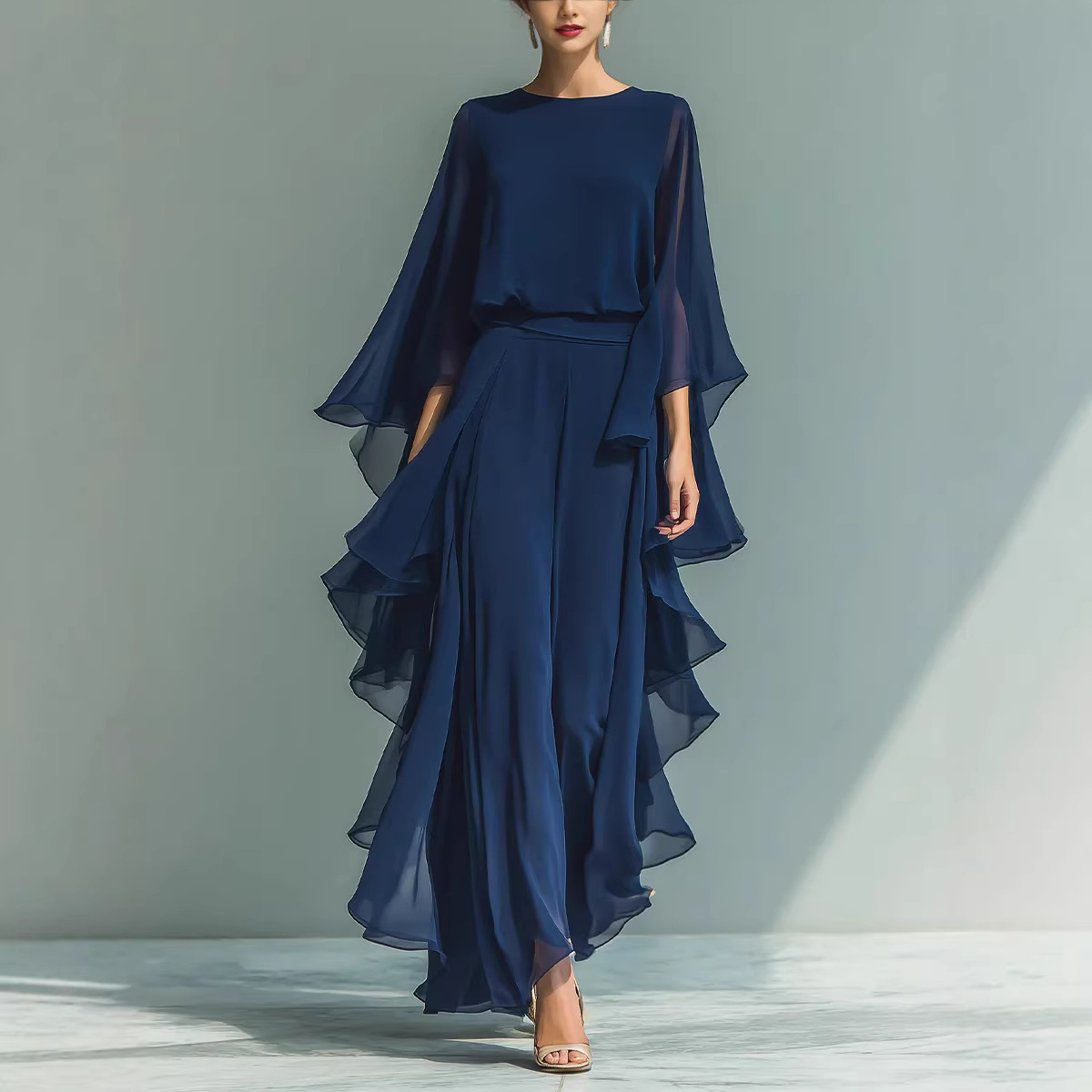 Women's Navy Chiffon Top & Straight-Leg Pants Set with Flared Sleeves and Ruffle