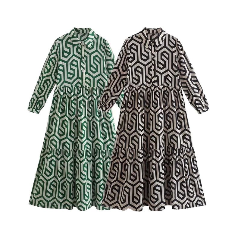 Women's Long Sleeve Polo Collar Green Geometric Print Shirt Dress