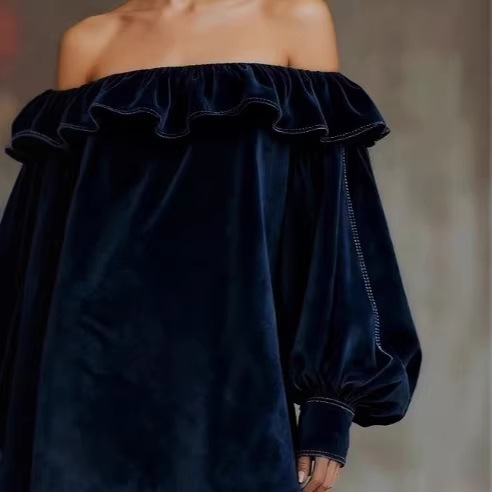 Velvet Off-Shoulder Mini Dress with Puff Sleeves