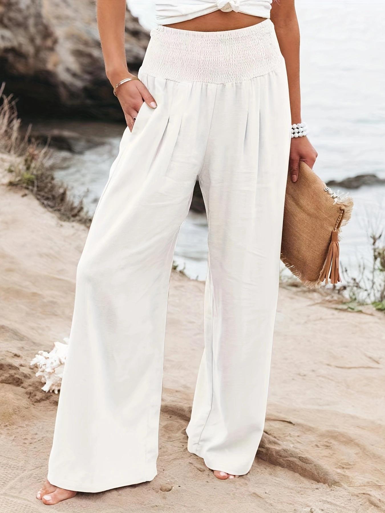 Women's Casual Cotton Distressed Mid-Rise Wide-Leg Pants