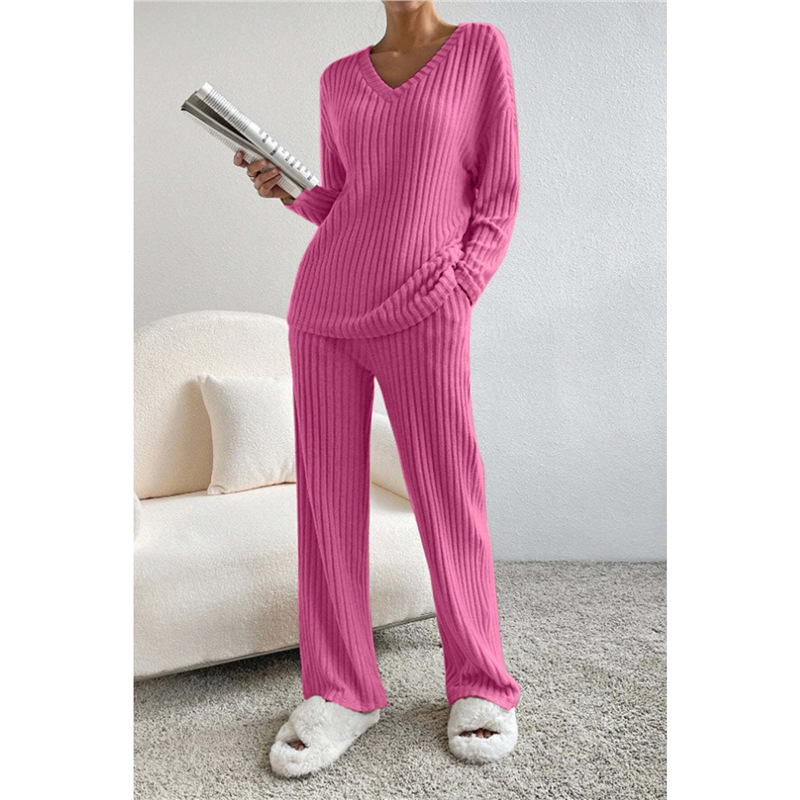 Women's Two-Piece V-Neck Knit Top and Straight-Leg Pants Set