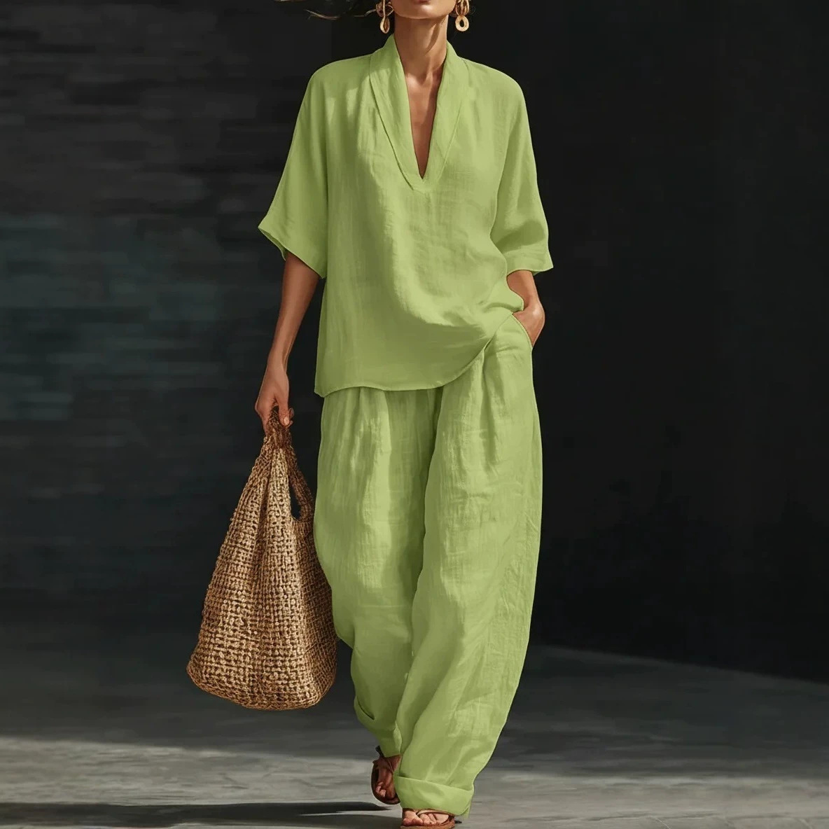 V-Neck Short Sleeve Top and Pocket Pants Set Women's Casual Two-Piece Outfit