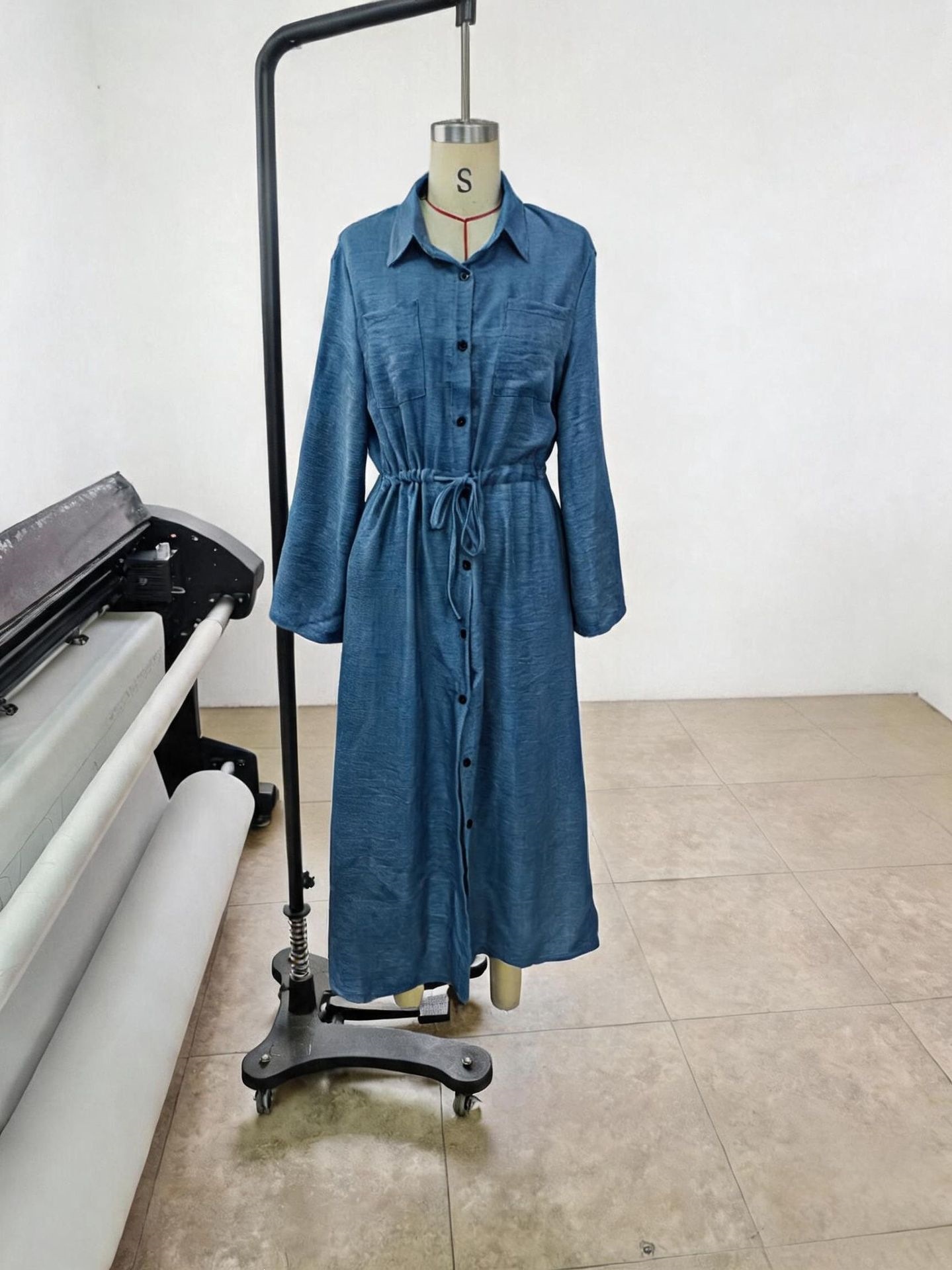 Drawstring Waist Shirt Dress Loose Fit Long Sleeve