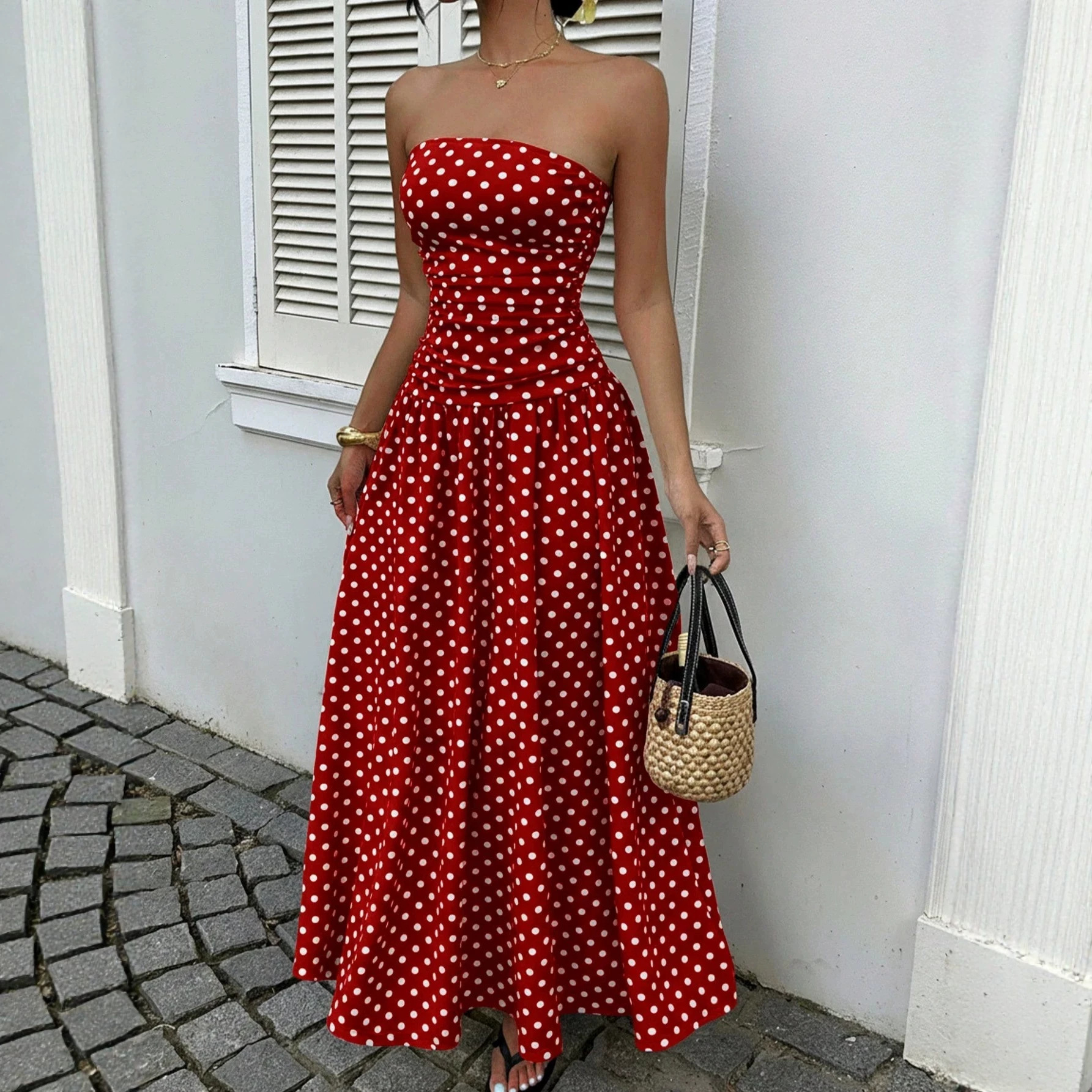 Sexy Off-Shoulder Polka Dot A-Line Dress with Waist-Cinching Slimming Evening Gown