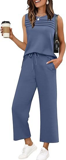 Women's Sleeveless Crewneck Top and Pants Two-Piece Set Casual Solid Color
