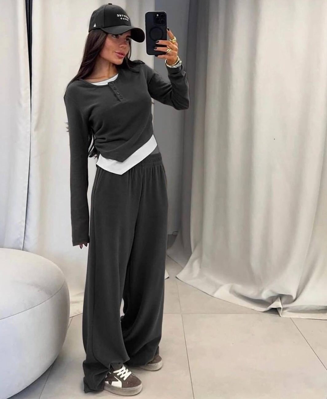 Women's Solid Color Long Sleeve Faux Two-Piece T-Shirt and Pants Set Casual Two-Piece Outfit
